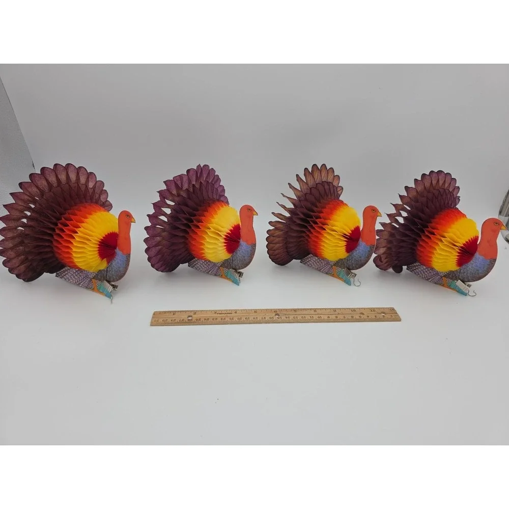 Vintage Honeycomb Paper Turkey Thanksgiving Decorations Set of 4 Multi-Color